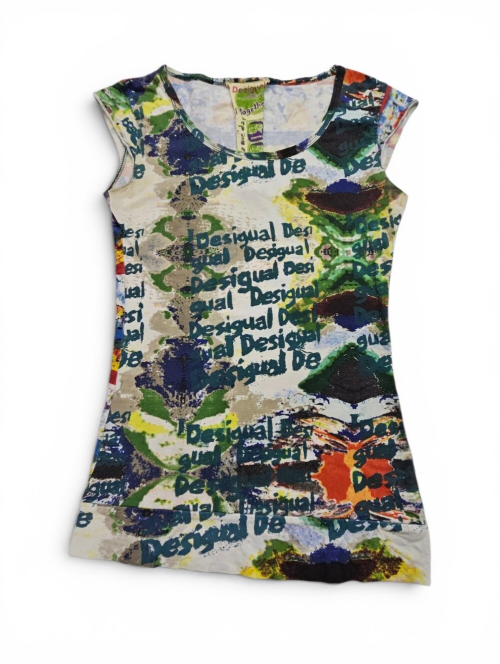 Desigual Cotton Cap Sleeve Printed Graphic Tee In Green Multi Size Small - Picture 2 of 6